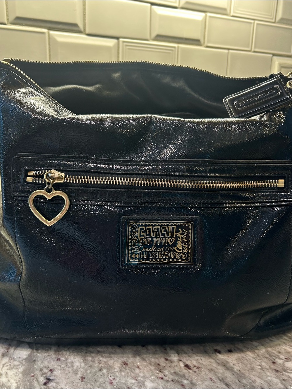 Coach Black Patent Leather Hobo with Gold Heart Charm